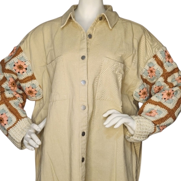 NWT Bibi Cream Crochet Sleeve Shacket Modern Vintage Cozy Statement Medium - Picture 2 of 10